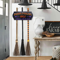 Broom Parking Sign with 3 Wooden Witches’ Brooms – Halloween Porch Decor